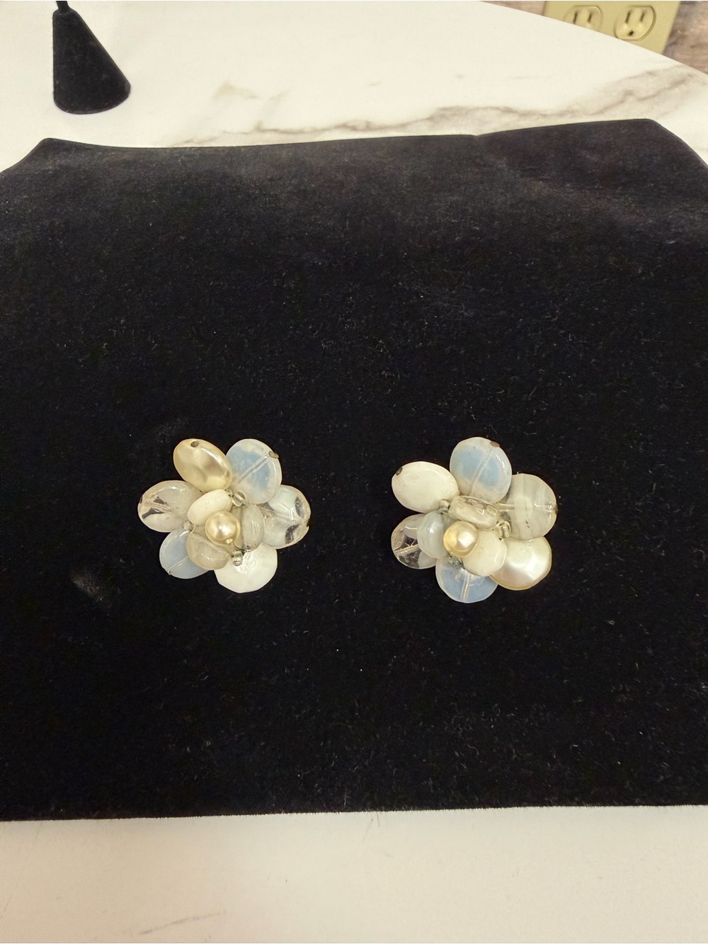Vintage White Iridescent glass bead cluster flower design earring